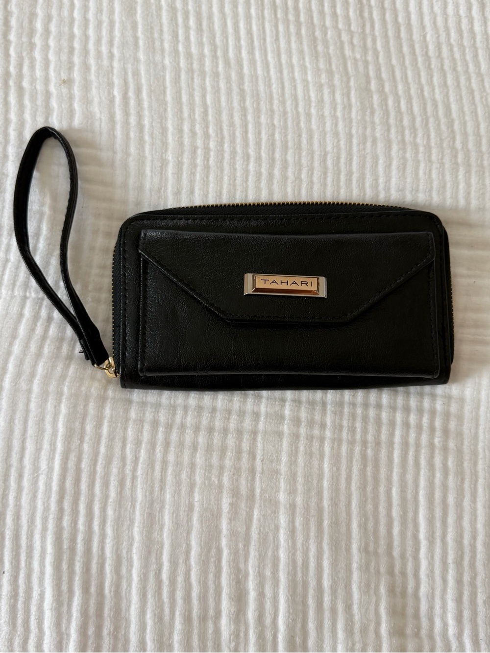 New Tahari Black Faux Leather Wristlet with Gold Plaque